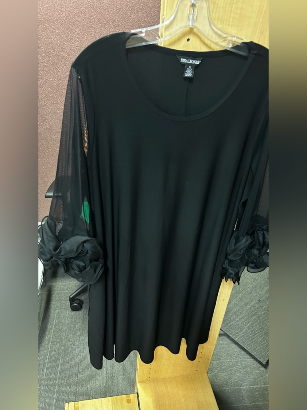 Nina Leonard Black Mesh-Sleeve Floral Ruffle Tunic